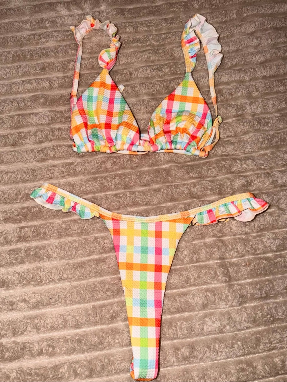 Colorful Plaid Ruffle Triangle Bikini Set - Picture 2 of 7